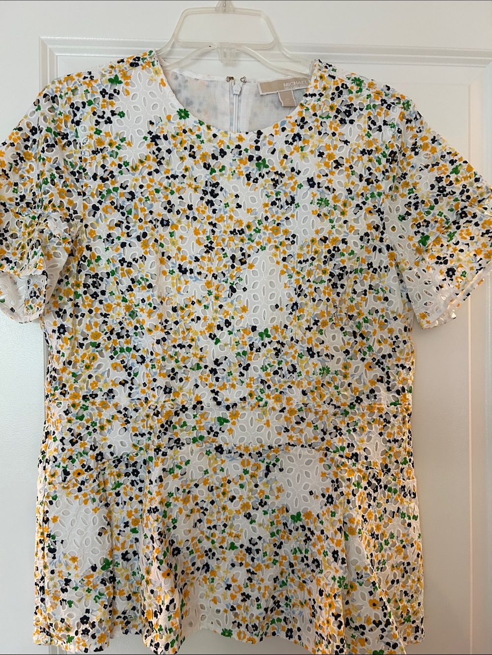 MICHAEL Michael Kors White Eyelet Floral Top with Yellow, Black & Green